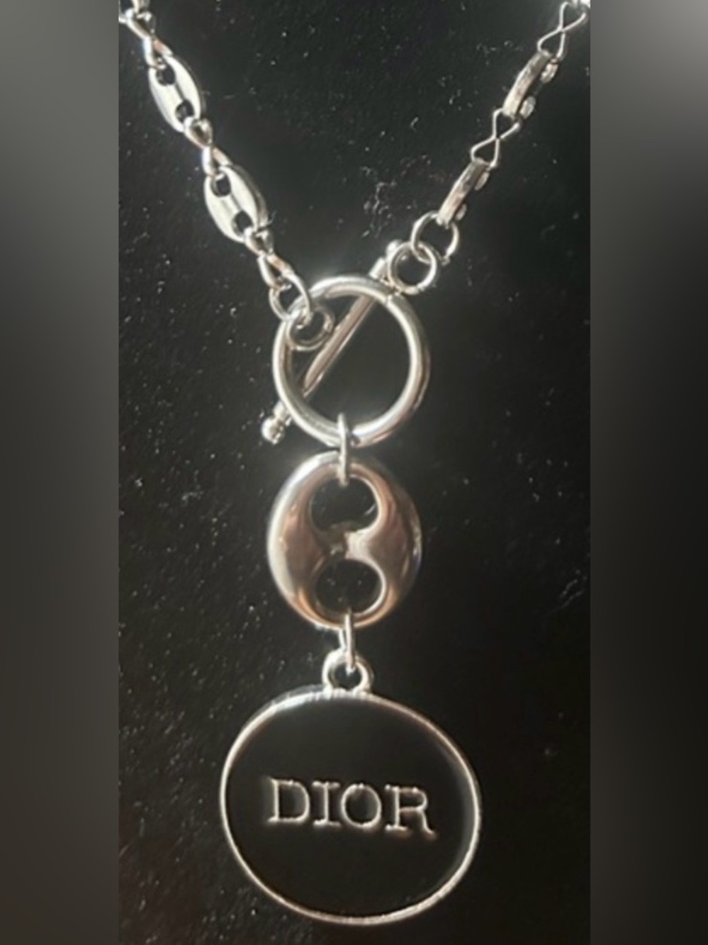 Silver-Tone “D” Toggle Pendant Necklace - Polished Logo Disc